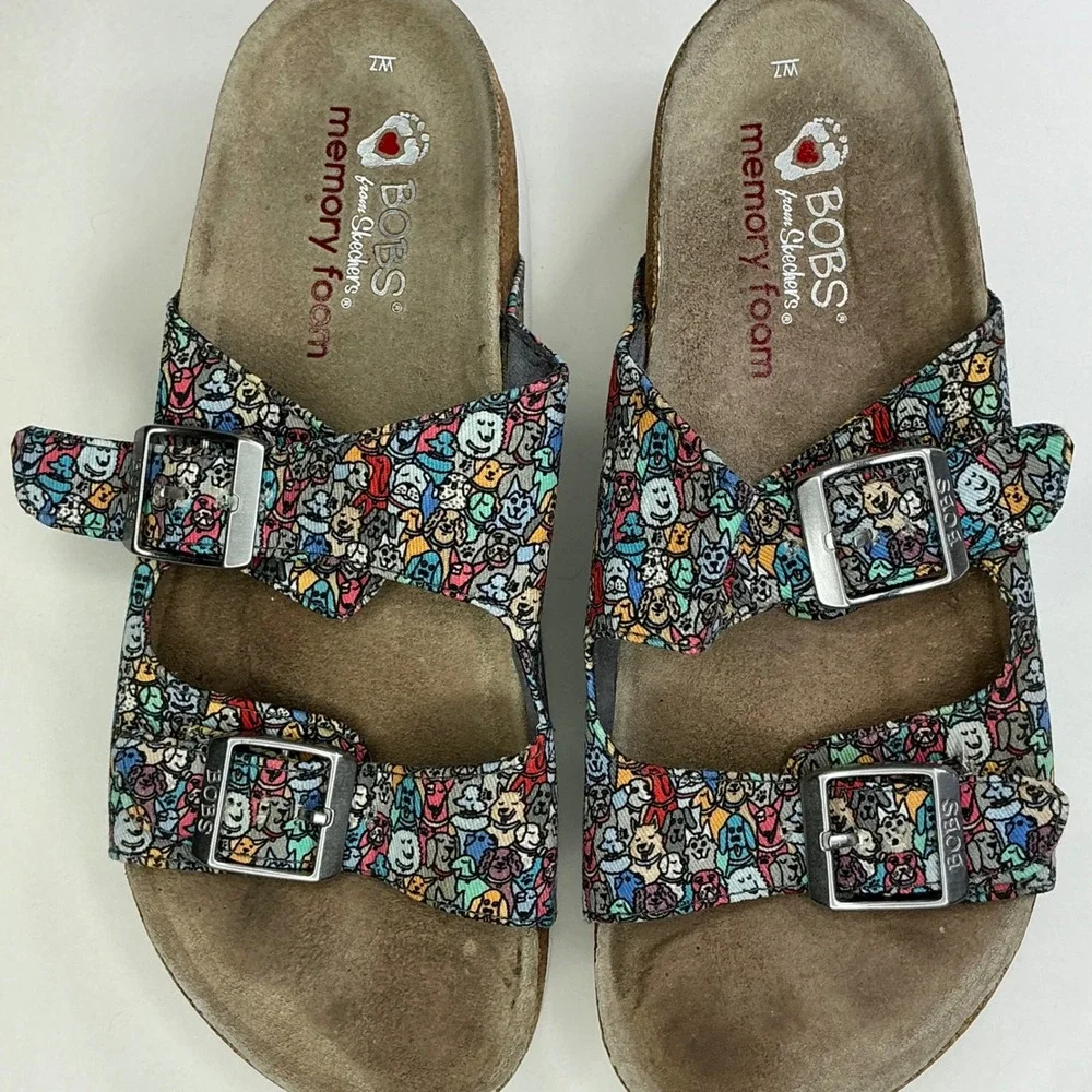 BOBS Skechers Multicolor Dog Print Slide Sandals Kids Size 7 Memory Foam Buckle